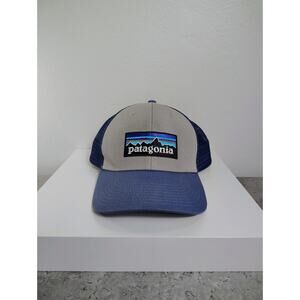 Patagonia P-6 Logo Hat Trucker Cap Gray Blue Trail Outdoor Hiking Classic EUC